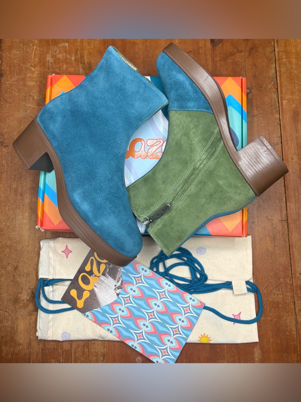 Lazo Siren Blue/Green Jewel Tone Platform Suede Block Heel Boot Size 8 NIB
